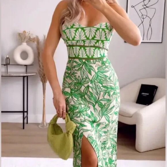 NEW Zara Linen Blend Strapless Midi Dress with Tropical Print, Size S - Picture 9 of 16